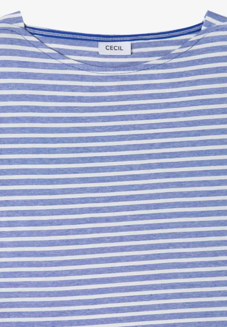 Blau-weiß gestreiftes Damen-Shirt mit weitem Rundhalsausschnitt und Label "CECIL" am Kragen