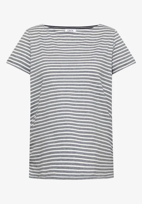 Grau-weiß gestreiftes Kurzarmshirt mit weitem Rundhalsausschnitt.
