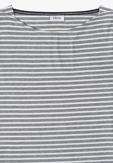 Graues T-Shirt mit weißen, horizontalen Streifen und rundem Ausschnitt.