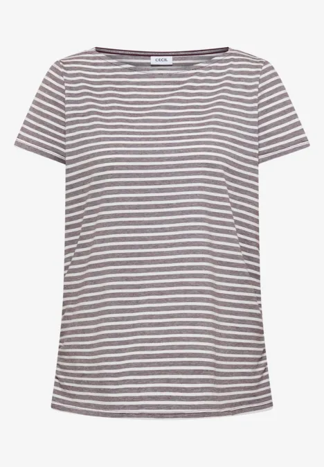 Grau-weiß gestreiftes, kurzärmeliges T-Shirt mit Rundhalsausschnitt.
