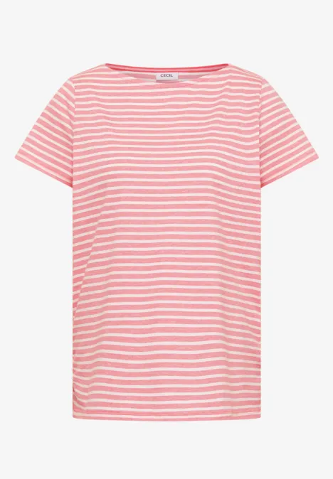 Ein kurzärmliges T-Shirt mit weißen und rosa Streifen.