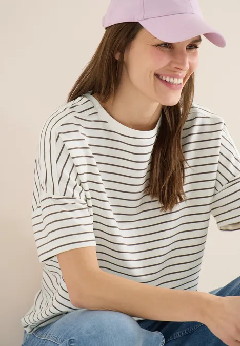 T-Shirt mit Boatneck und Streifen urban taupe