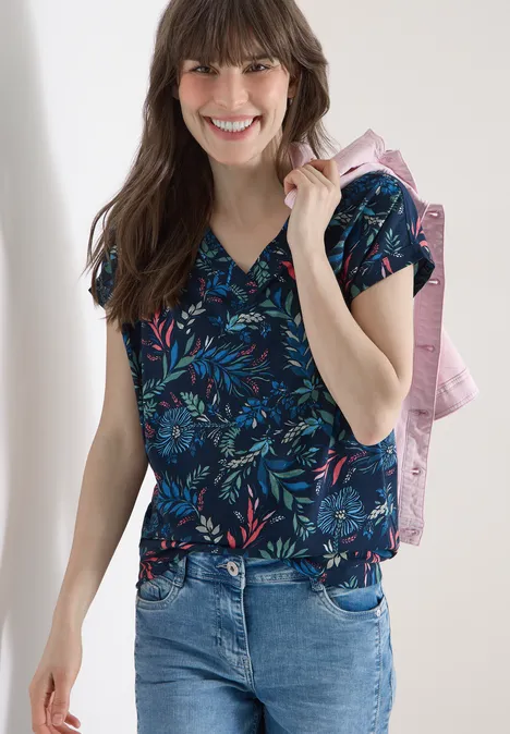 Shirt mit V-Neck und floralem Print universal blue