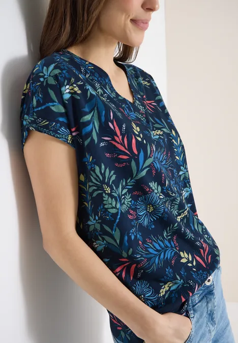 Shirt mit V-Neck und floralem Print universal blue