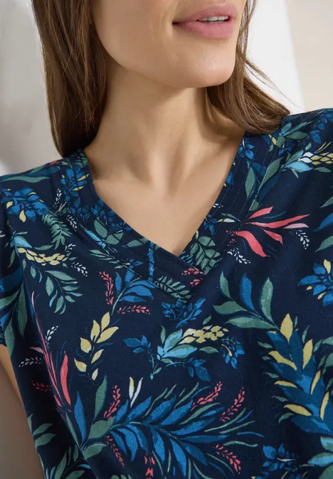 Shirt mit V-Neck und floralem Print universal blue