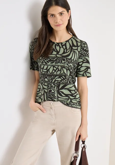 Kurzarm T-Shirt mit Patchwork Print raw khaki