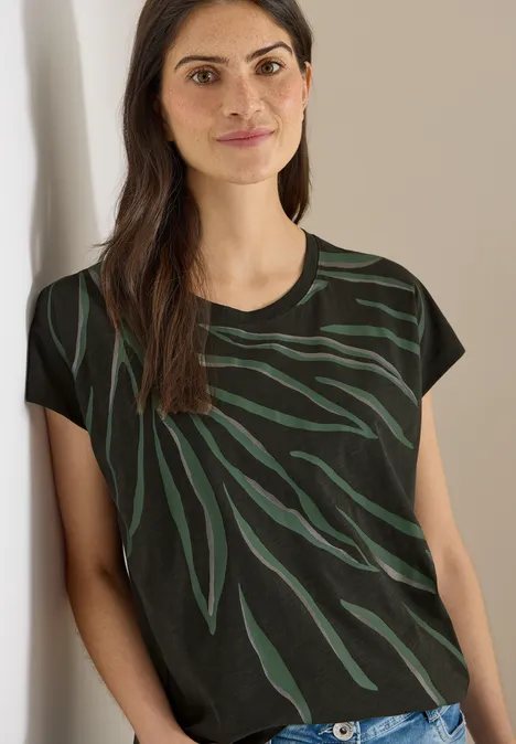 Shirt met ronde hals en frontprint raw khaki