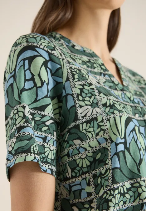 Kurzarm Shirt mit Split Neck und Print raw khaki