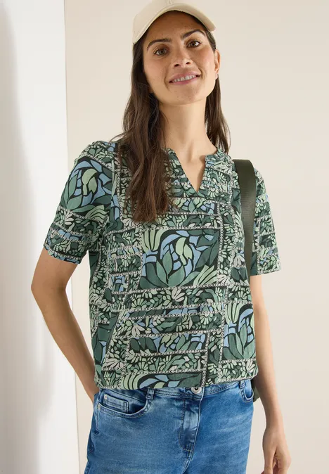 Kurzarm Shirt mit Split Neck und Print raw khaki