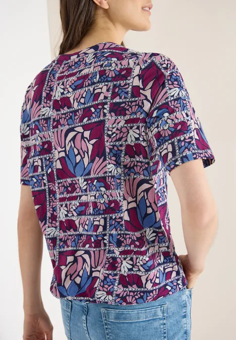 Kurzarm Shirt mit Split Neck und Print deep plum