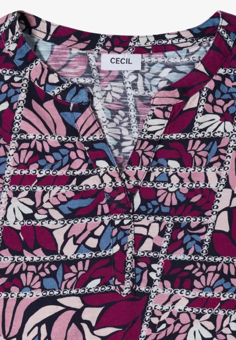 Kurzarm Shirt mit Split Neck und Print deep plum
