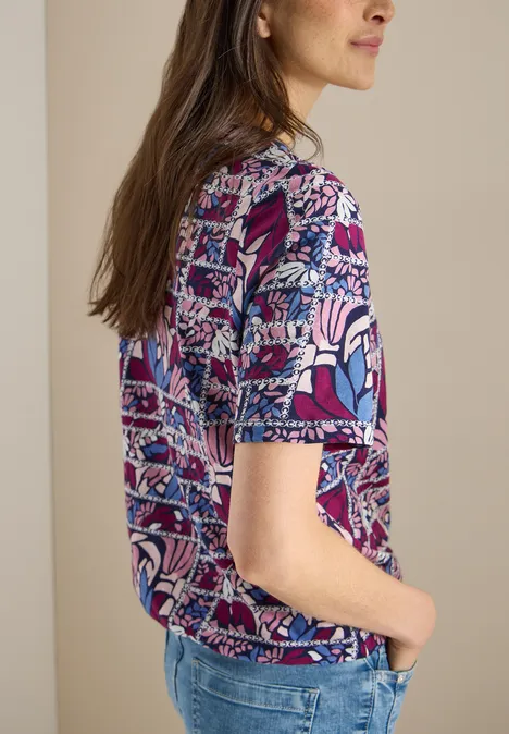 Kurzarm Shirt mit Split Neck und Print deep plum