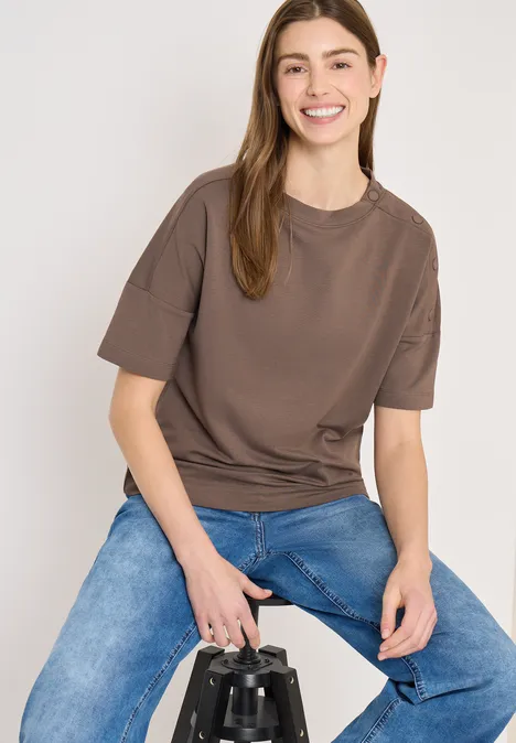 T-Shirt mit Rundhals und Knopfdetail urban taupe