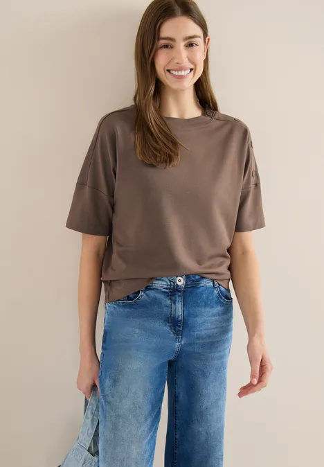 T-Shirt mit Rundhals und Knopfdetail urban taupe