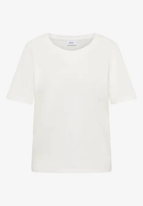 Einfaches weißes T-Shirt mit Rundhalsausschnitt und kurzen Ärmeln.