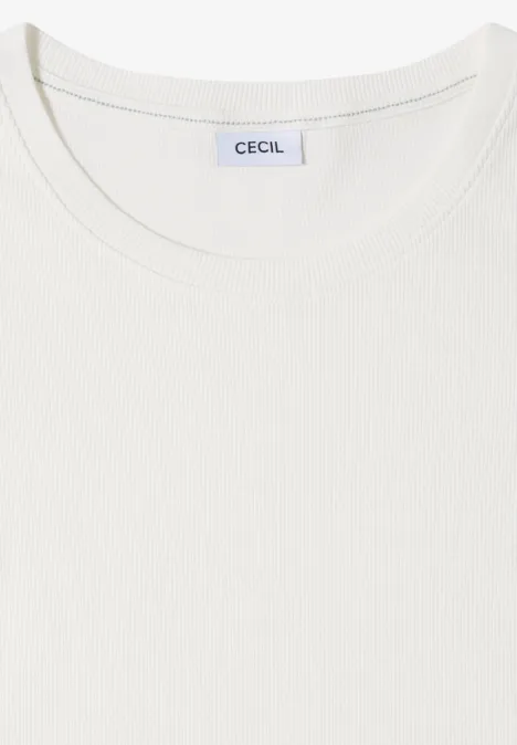 Schlichtes weißes T-Shirt mit Rundhalsausschnitt und CECIL-Label, ordentlich gefaltet.