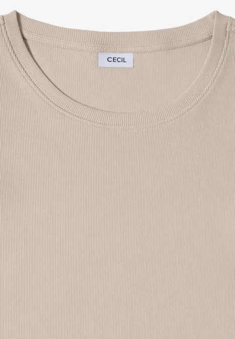 Beige T-shirt met ronde hals, korte mouwen, plat gevouwen met CECIL merklabel.