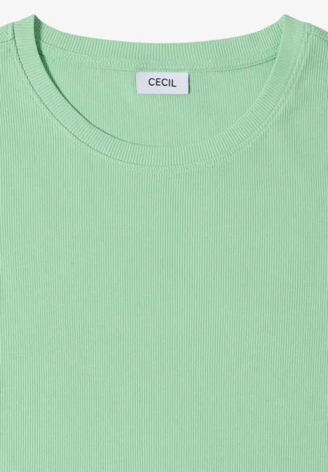 Basic geribd Shirt juicy lime Lichtgroen T-shirt met ronde hals en 'CECIL'-label, netjes opgevouwen.