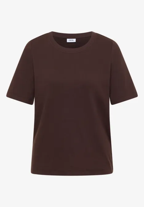 Schlichtes, dunkelbraunes T-Shirt mit kurzen Ärmeln und rundem Halsausschnitt.