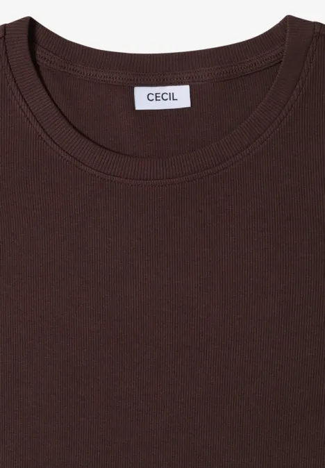 Ein schlichtes dunkelbraunes T-Shirt mit Rundhalsausschnitt und Markenlabel CECIL.