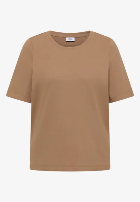 Bruin T-shirt met korte mouwen op witte achtergrond.