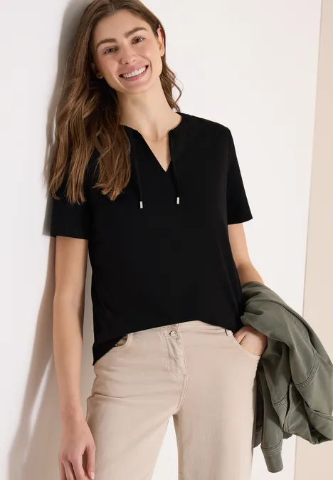 Shirt met korte mouwen en gespleten hals Black