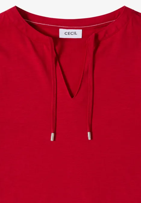 Rotes Frauen-T-Shirt von CECIL mit V-Ausschnitt und dekorativen Kordeln am Hals