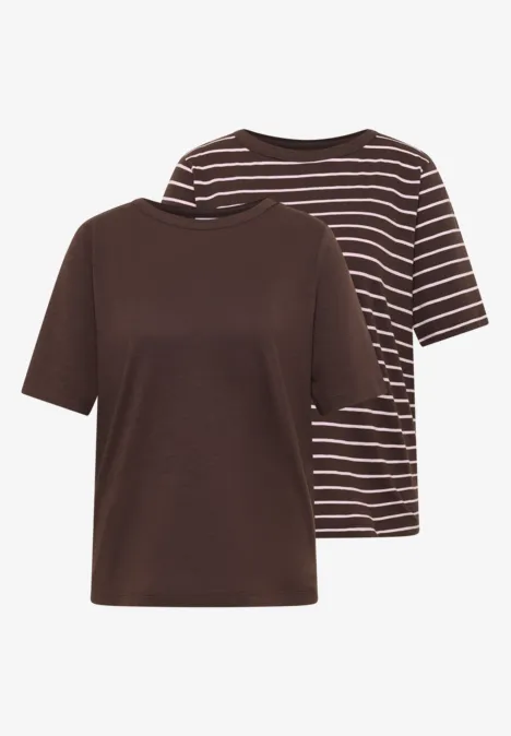 Shirt met strepen in een 2-pack macchiato brown/blush rose Twee bruine T-shirts met korte mouwen, één effen en één wit gestreept.