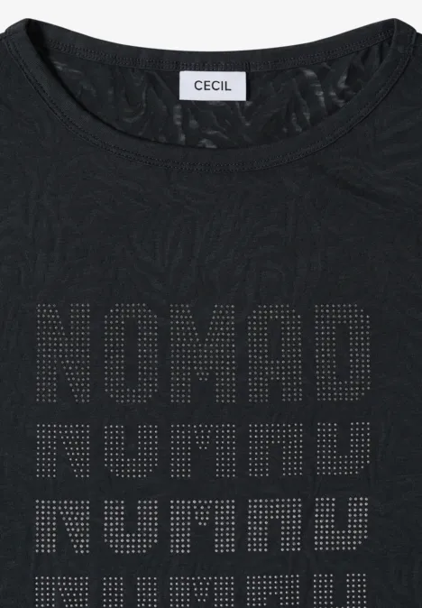 Shirt met korte mouwen in burnout-look palm breeze green Zwart dames-T-shirt van CECIL met driemaal "NOMAD"-letterprint in stippenpatroon op de voorkant.