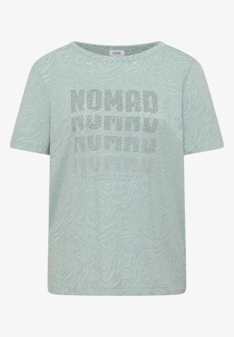 Shirt met korte mouwen in burnout-look crystal mint Lichtgroen T-shirt met subtiel zebraprint en 'Nomad'-opschrift in herhaling.