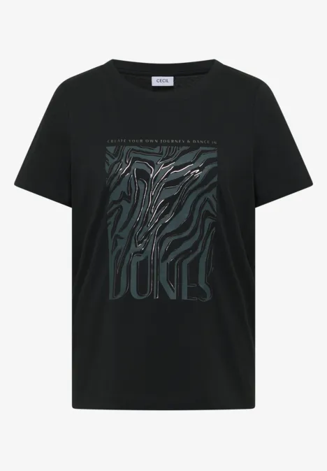 Schwarzes T-Shirt mit grafischem Zebramuster-Print in Weiß und dezentem Schriftzug
