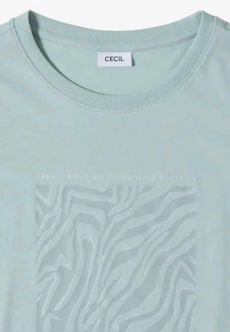 Hellgrünes T-Shirt mit Zebra-Print und Logo-Stoffpatch am Rundhals