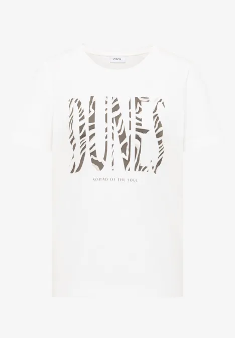 T-Shirt mit Rundhals und Frontprint vanilla white Weißes T-Shirt mit zebramuster Schriftzug 'LIVING IN STYLE'