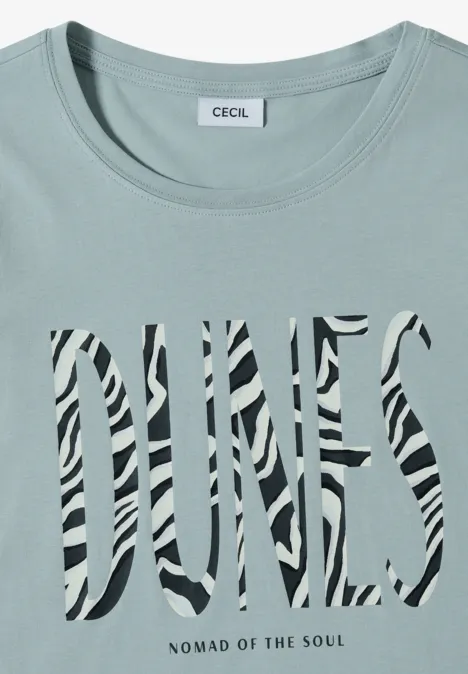 T-Shirt mit Rundhals und Frontprint crystal mint Pastellgrünes T-Shirt mit Zebramuster-Schriftzug 'PHUNES' und kleinem 'Nomad of the Jungle'-Print