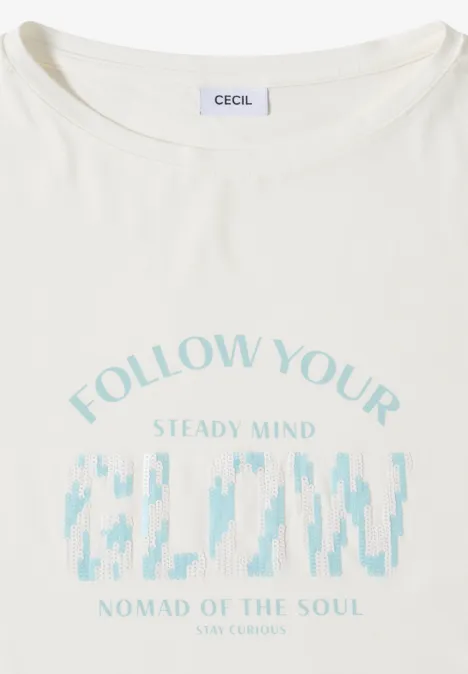 Weißes T-Shirt mit Print 'FOLLOW YOUR STEADY MIND', pixelartige Grafik und Schriftzug 'NOMAD OF THE SOUL'