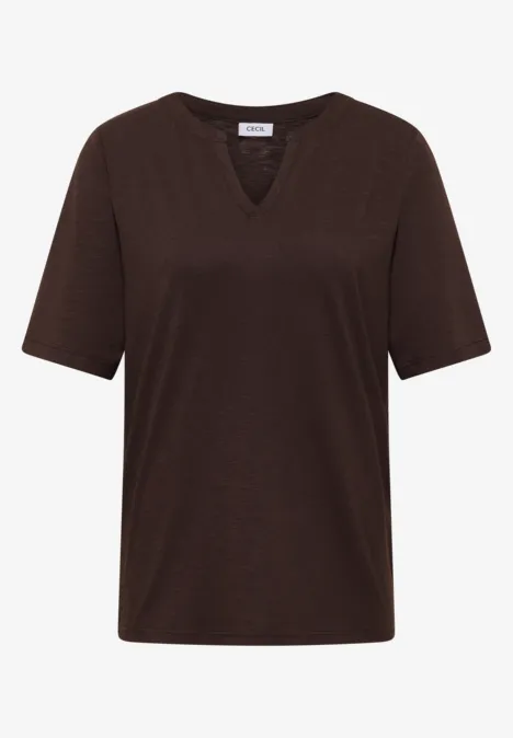 T-Shirt mit Split Neck in Unifarbe brown cacao Braunes T-Shirt mit V-Ausschnitt und kurzen Ärmeln