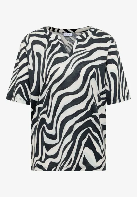 T-Shirt mit Split Neck mit Print palm breeze green Weißes Kurzarmshirt mit schwarzem Zebra-Muster und V-Ausschnitt.