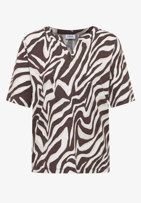 T-Shirt mit Split Neck mit Print brown cacao Shirt mit braun-weißen Zebramuster, kurzärmelig, lockere Passform.