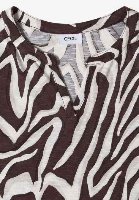 T-Shirt mit Split Neck mit Print brown cacao Damen-T-Shirt mit Zebramuster in Schwarz-Weiß, V-Ausschnitt und kurzen Ärmeln.