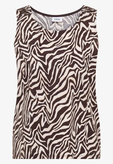 Top met ronde hals en plooidetail brown cacao Mouwloos damestopje met zwart-wit zebraprint
