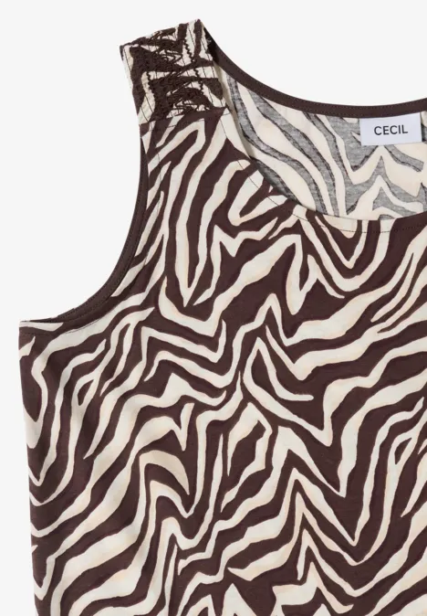 Top met ronde hals en plooidetail brown cacao Mouwloos top met wit-beige zebraprint en zwarte strepen, rechte pasvorm.