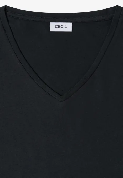 Chemise dropped shoulder avec col en V palm breeze green Schwarzes V-Ausschnitt-T-Shirt mit CECIL-Label am Kragen.
