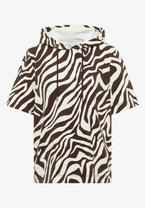 Wit kort mouw capuchonshirt met zwart zebraprint.
