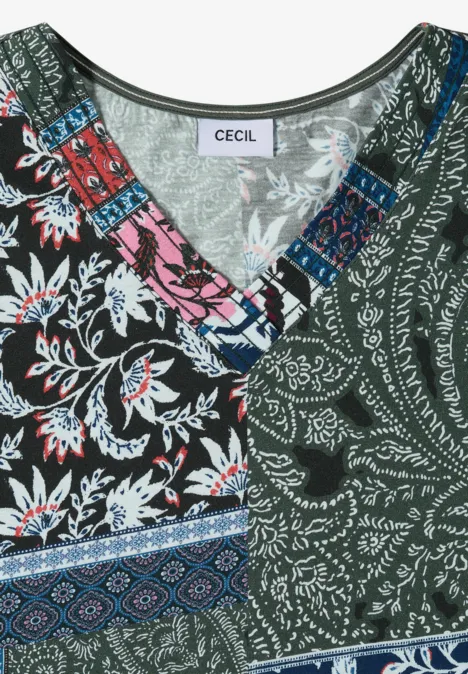 T-Shirt mit V-Neck und Patchwork-Print khaki