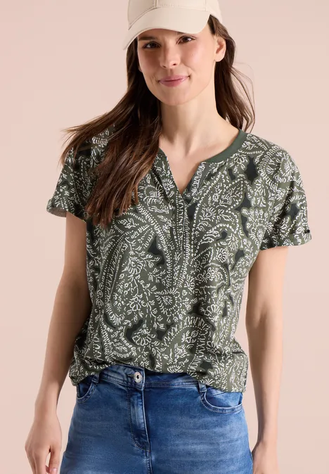 Shirt met gespleten hals en paisleypatroon khaki