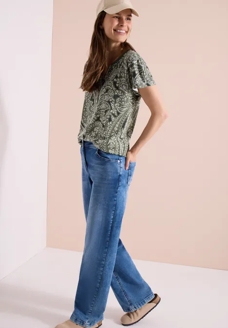 Shirt met gespleten hals en paisleypatroon khaki