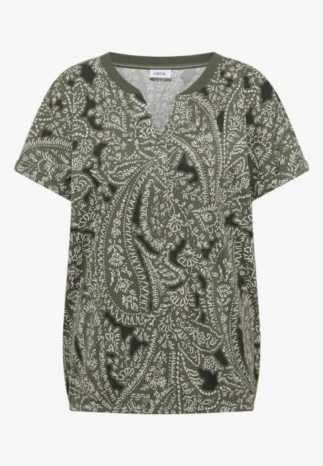 Shirt met gespleten hals en paisleypatroon khaki