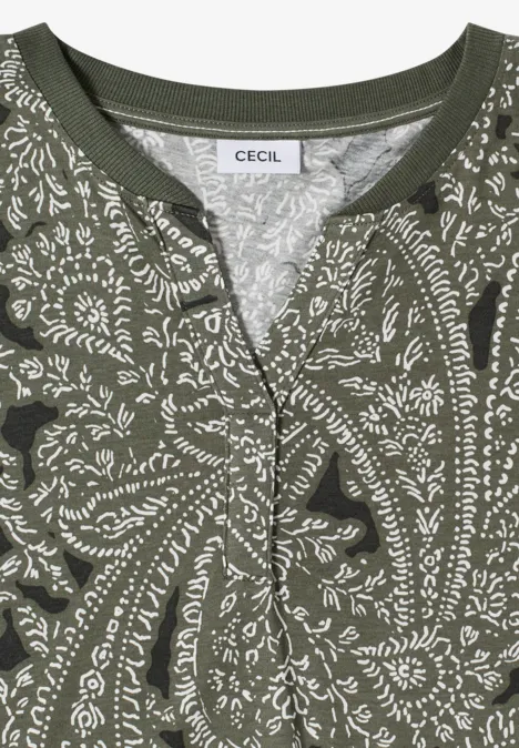 Shirt met gespleten hals en paisleypatroon khaki