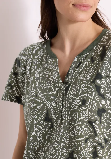 Shirt met gespleten hals en paisleypatroon khaki