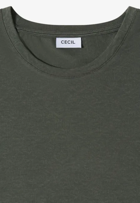 Effen olijfgroen T-shirt met ronde hals en CECIL-label in de nek.